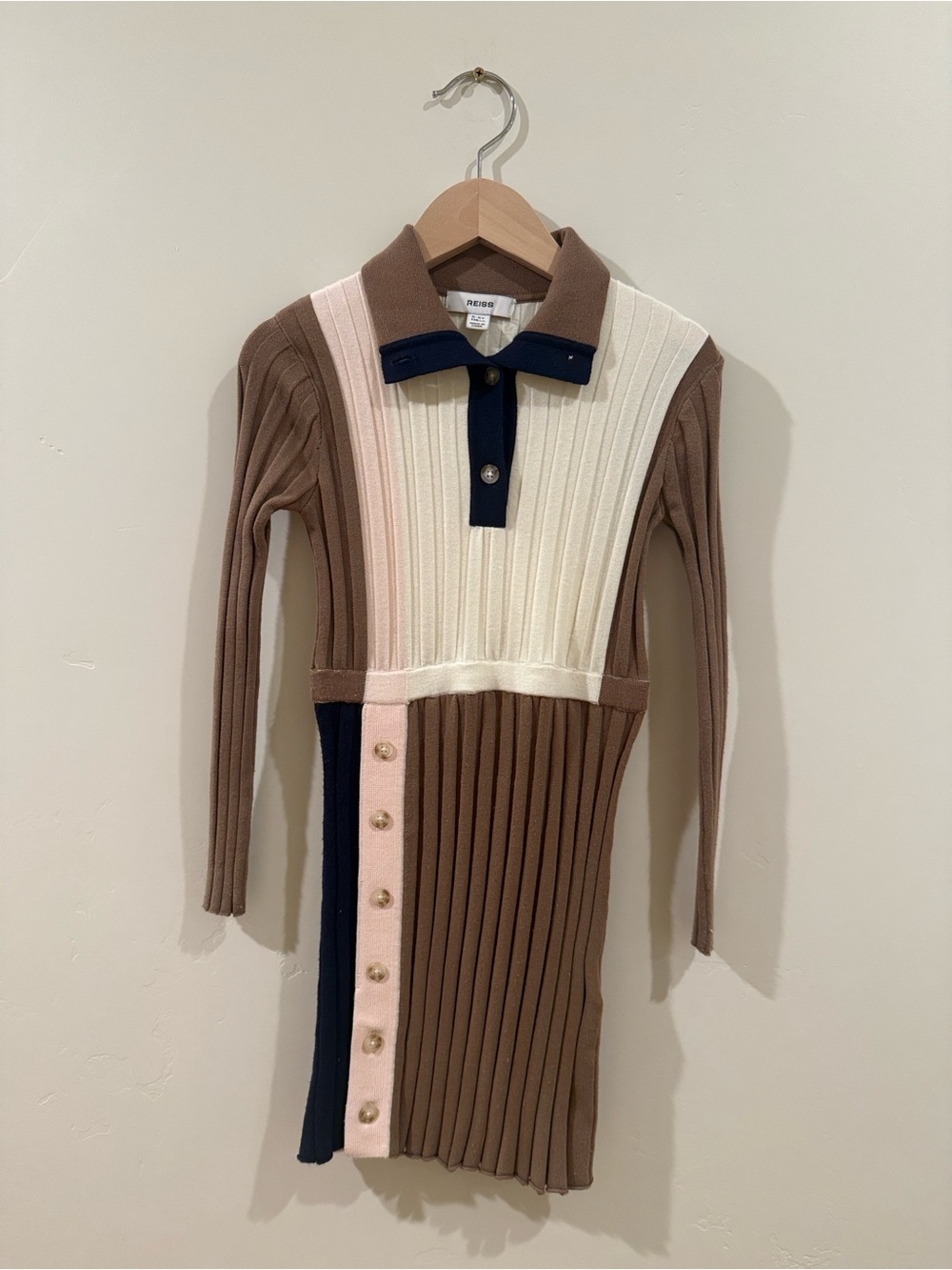 Reiss Brown, Cream, Pink & Navy Ribbed Polo Dress